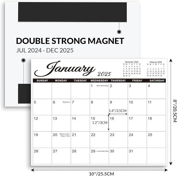 SKYDUE 2025 Magnetic Calendar for Refrigerator, Fridge Calendar 2024-2025, Jul 2024 to Dec 2025 18 Months Magnetic Calendar, 10" x 8", Black