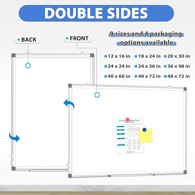 WALGLASS Magnetic White Board, 36" x 24" Double-Sides Dry Erase White Board for Wall, Hanging or Mounted Whiteboard, Horizontal or Vertical, Silver Aluminium Frame, Home, School, Office, Kitchen