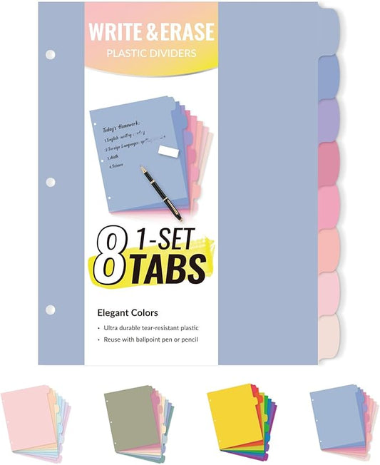 Sooez 8-Tab Durable Plastic Write & Erase Big Tab Dividers for 3 Ring Binder, Aesthetic Cute Pastel Binder Dividers for Student, Teacher, Office, Home Organizers, 1 Set, Muted