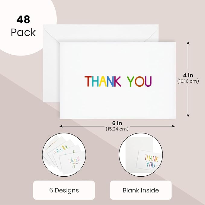Juvale 48 Pack 4x6-inch Bulk Thank You Cards with Envelopes - Appreciation Gift Note for Teachers and Kids (6 Assorted Designs)