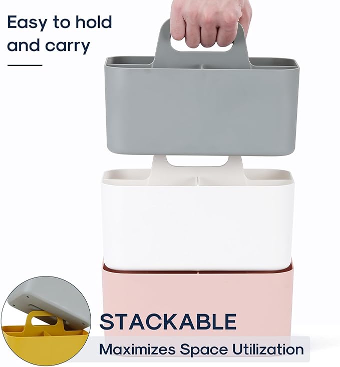 Multiuse Caddy Organizer with Handle - Stackable Plastic Tote Bin - Art Craft Supplies, Office, Desk, Stationery Pen Holder, Kitchen, Utensil, Makeup, Bathroom, Shower, Cleaning, Dorm Organizer - Grey