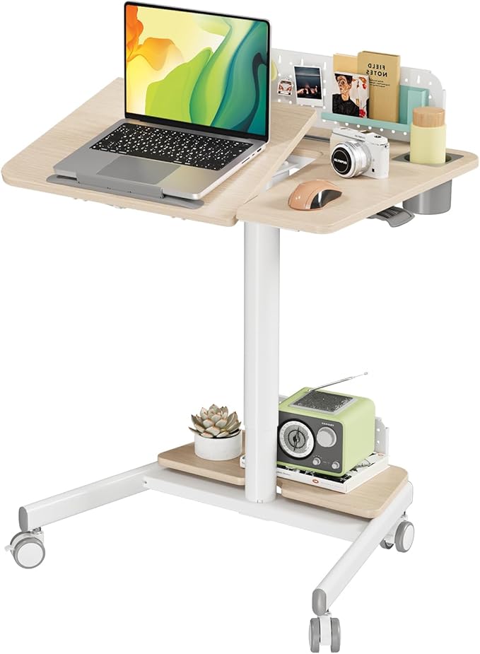 JOY worker Mobile Standing Desk with 60° Tiltable Desktop, 28" Height Adjustable Rolling Desk, DIY Pegboard & Storage Base, Portable Laptop Desk with 4 Lockable Wheels for Home Office, Oak