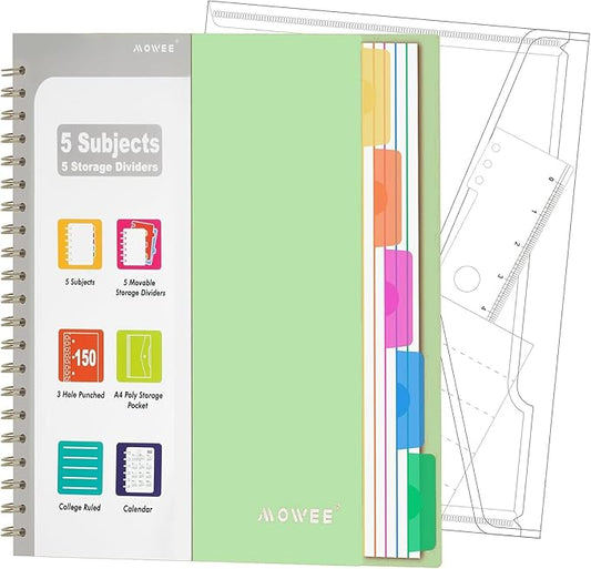 Spiral Notebook - 5 Subject Notebook, College Ruled Notebook With Dividers Pocket, Tabs Label, Ruler, 300 Pages, for Writing Journal, Home & Office, School Supplies, 8.5''x11'' Lime