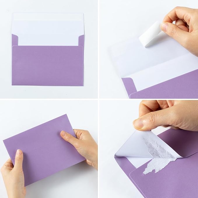 Wishop 50 Pack Shiny Self-Adhesive Envelopes with Shiny Fold Cards for Wedding Invitations, Greeting Cards, Baby Shower, Letter Mailing (Light Purple, 5x7)