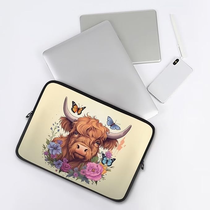 Highland Cattle Laptop Sleeve for Women 10 inch Lap Top Case Lightweight Laptop Protector Zippered Pouches with Humanize Design Computer Carrying Case Flower Cow Tablet Bag Briefcase
