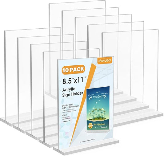 MaxGear Acrylic Sign Holder 8.5 X 11, 10 Pack Double Sided Clear Display Stands, Plastic Paper Holder Menu Holder, Vertical Table Stand Flyer Holder Acrylic Sign for Stores, Restaurants, Office