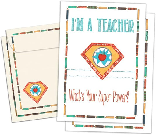 Tree-Free Greetings Teacher Appreciation Cards - Artful Designs - 2 Cards + Matching Envelopes - Made in USA - 100% Recycled Paper - 5"x7" - Lighthearted, For Teacher, Teacher Super Power (GT64453)