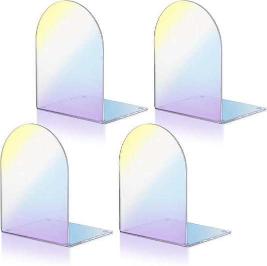 Harloon 4 Pcs Acrylic Book Ends for Shelves Plastic Arch Clear Non Skid Heavy Duty Bookends Desktop Organizer l Dividers Book Stopper for Office(Laser Color)