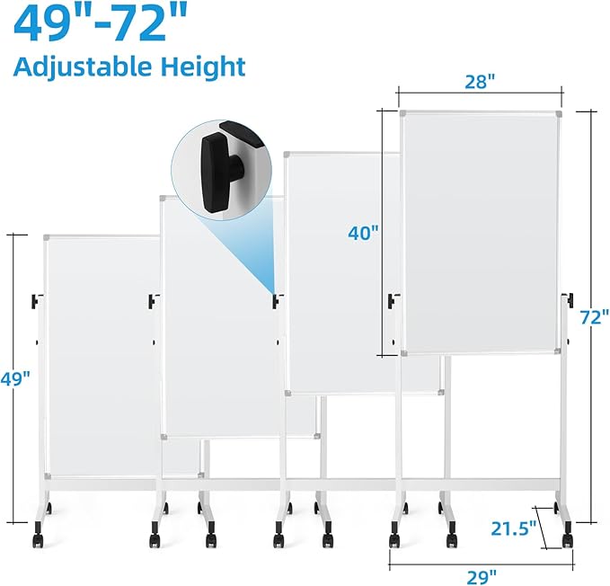 Rolling Mobile Whiteboard, 40 x 28 inches Double Sided Magnetic Whiteboard Easel on Wheels, Height Adjust Protable Dry Erase Board with Stand for Office, Home, Classroom, White
