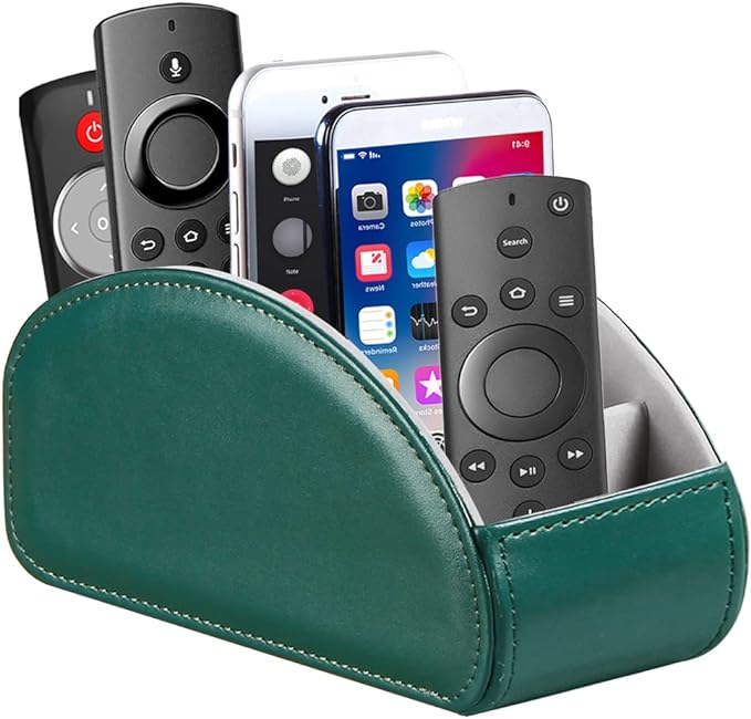 Remote Control Holder, Leather 5 Rooms Desk Organizer and Decorations for Living Room, Bedside Storage Remotes Caddy for TV Controllers/ Makeup Brush Pen/ Office Stationery/ Art Supplies/ Eyeglasses