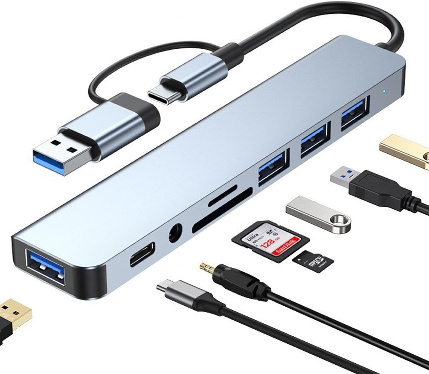 USB C Hub USB Hub 3.0, VIENON Aluminum 8 in 1 USB Splitter with 1 x USB 3.0, 3 x USB 2.0 and 1 x USB C, SD/TF Card Reader, 3.5mm Aux Ports for MacBook Pro Air and More PC/Laptop/Tablet Devices