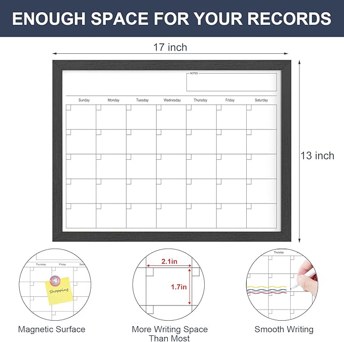 Dry Erase Calendar for Wall, 17x13 Inches Calendar Whiteboard for Wall, Small Magnetic White Board with Wood Frame, Hanging Dry Erase Board for Wall Planner Office Kitchen Home Memo