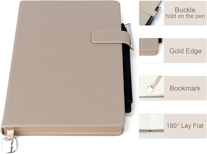 A5 Hard Cover Notebook with Pen Holder, Gold Edges & 180° Lay Flat - Large 5x8.25 Lined, Bookmark, Gift Box - Durable Journal for Office, Study, Travel - Writers, Students（Light Coffee）