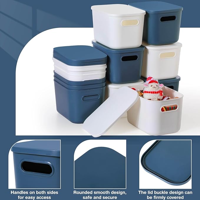 Thyle 12 Pack Plastic Storage Bins with Lids and Handles Colorful Stackable Desktop Storage Box Bins with Marker Label for Office Classroom Cabinet Shelf Drawer Kitchen, 10x7x6 Inch(Blue, White)