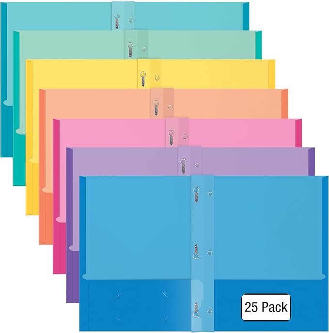 2 Pocket Folders, Assorted 7 Vibrant Colors with Complementing Interior Colors, Fits Letter Size Paper, for School, Office, Home (with Prongs, 25)