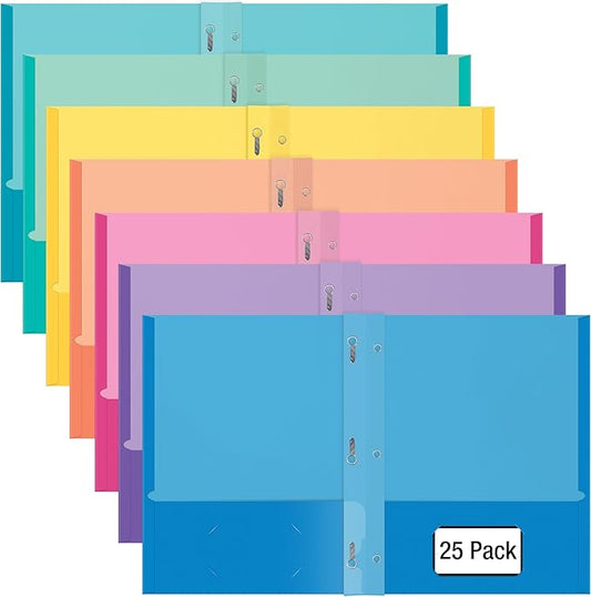 2 Pocket Folders, Assorted 7 Vibrant Colors with Complementing Interior Colors, Fits Letter Size Paper, for School, Office, Home (with Prongs, 25)