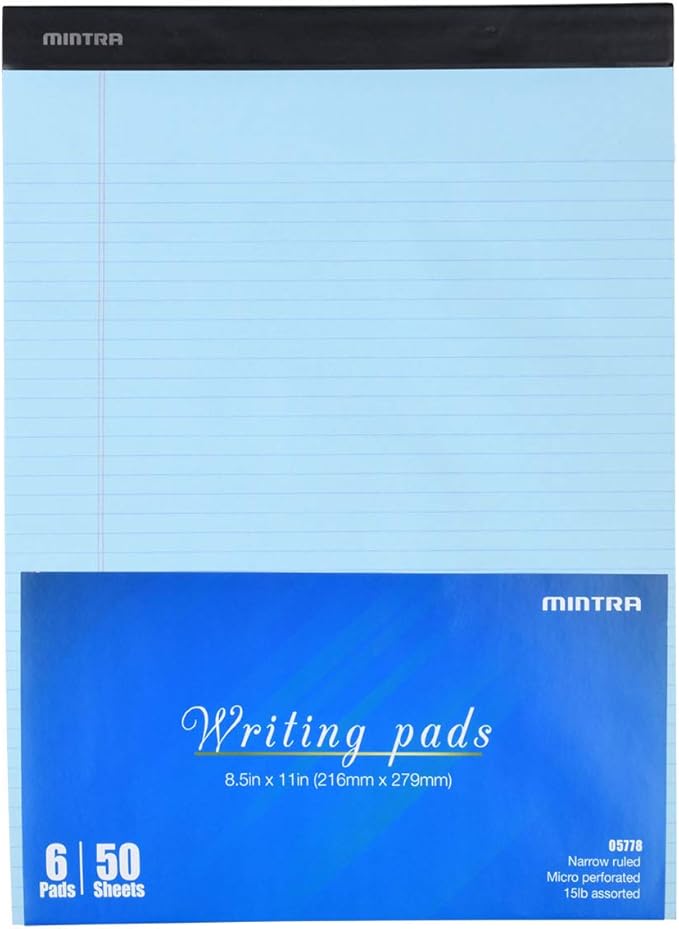 Mintra Office Legal Pads - ((BASIC PASTEL 6pk, 8.5in x 11in, NARROW RULED)) - 50 Sheets per Notepad, Micro perforated, Pastel Writing Pad, Notebook Paper for School, College, Office, Business - Pink, Blue, Purple
