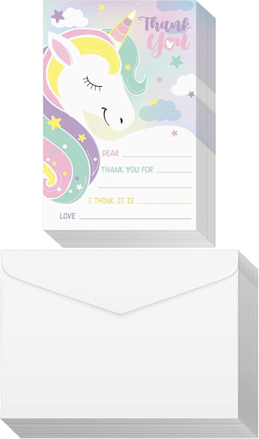 Eaasty 72 Pieces Kids Thank You Cards Fill in the Blank Thank You Notes with Envelopes Colorful Thanks Cards for Birthday Party(Unicorn Style)