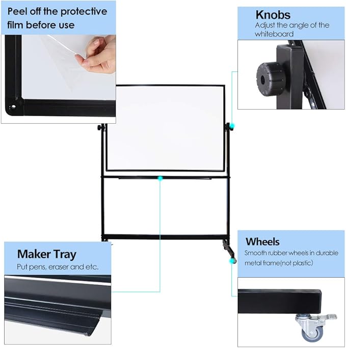 XIWODE 36x72 Large Magnetic Dry Erase Whiteboard with Stand - Double-Sided Freestanding Rolling Board, Flippable Design for Writing & Display, Black Frame for Office, Classroom, Home