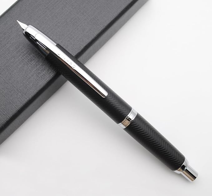 JINHAO 10 Press Fountain Pen, Retractable Metal Pen with Ink Converter (EF Nib 0.38mm, Wavy Texture Matte Black)