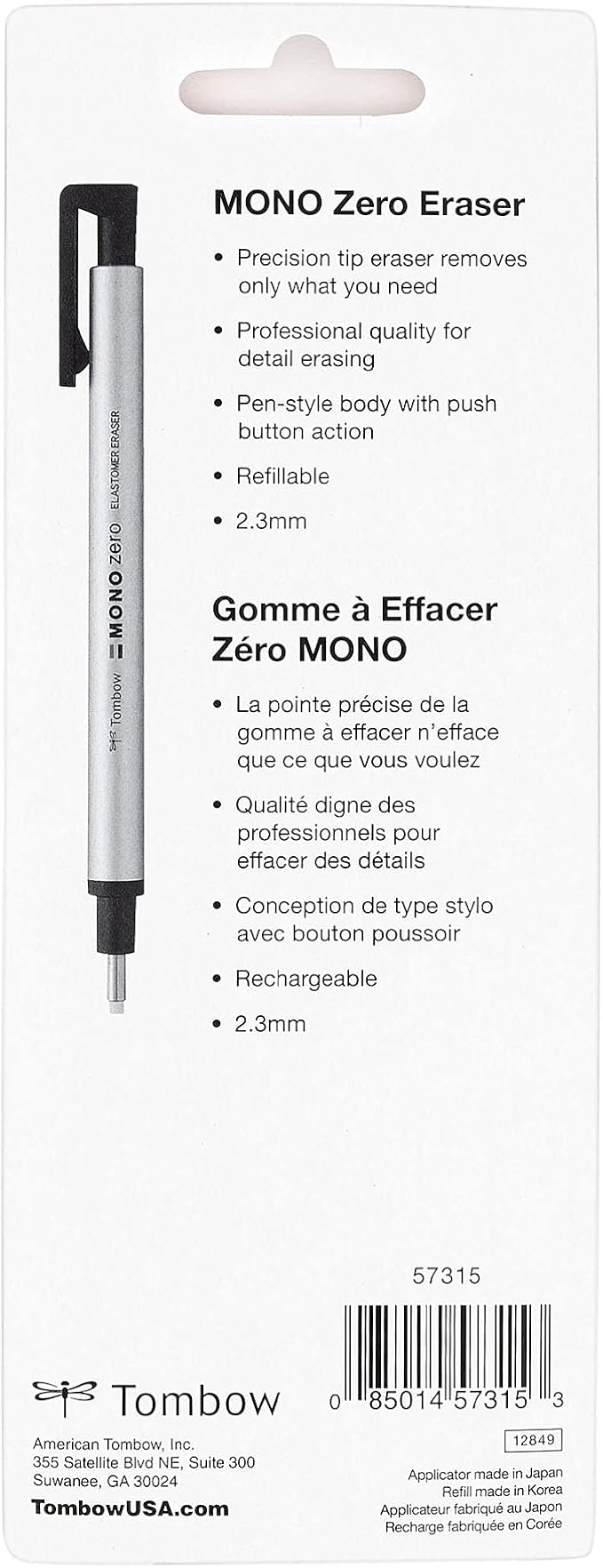 Tombow 57315 Mono Zero Eraser and Refill Value Pack, Round 2.3mm. Precision Tip Pen-Style Eraser with Refill