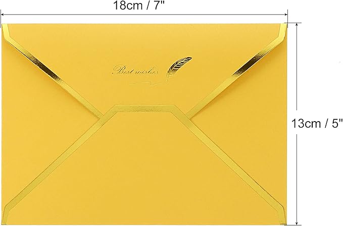 PATIKIL V Flap Envelopes, 10 Pack 7 x 5'' Luxury Style Gold Border Greeting Card Envelope for Invitations Weddings, Yellow