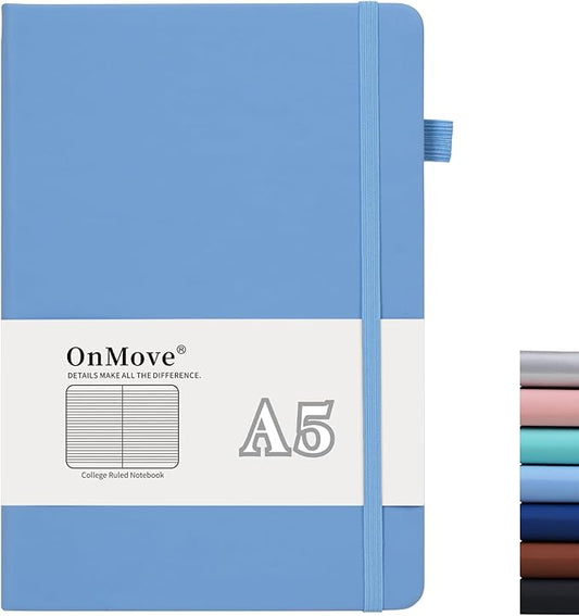 Lined Notebook Journal for Women Men 200 Pages A5 Hardcover Leather with Pen Holder College Ruled Journals for Work Note Taking Travel School Sky Blue