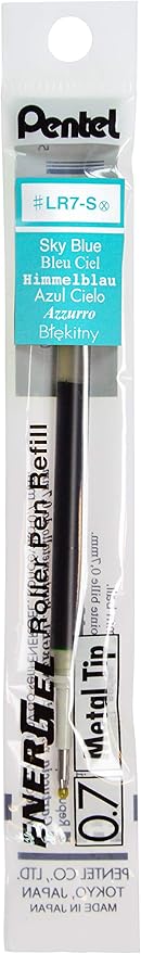 Pentel Refill Ink For EnerGel and Lancelot Gel Pen, (0.7mm) Metal Tip, Sky Blue Ink, Pack of 12 (LR7-S)