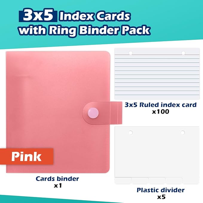 3x5 Lined Index Cards with Ring Binder Holder and Dividers, 100 Ruled Cards, Pink