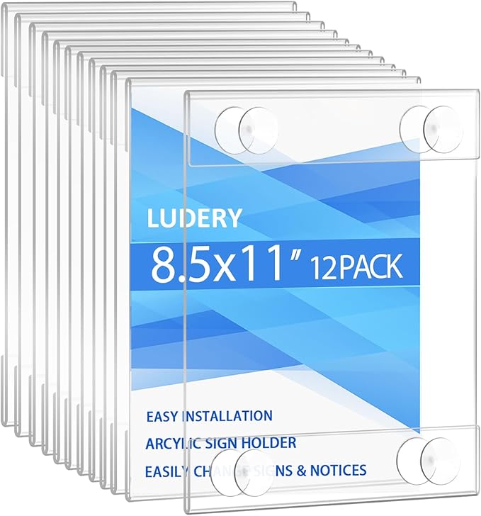 Acrylic Window Sign Holder 8.5 X 11 with 4 Suction Cups,Clear Acrylic Frames Glass Window Wall Mount,Advertising Signage Sign Holder for Mall, Office, Home, Store, Restaurant (12 Pack)
