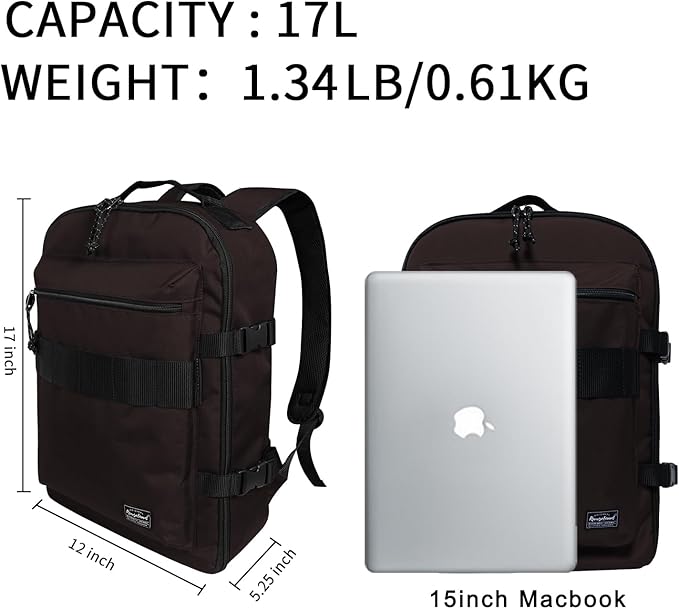 Travel Backpack 17L Lightweight Casual Small Carry-on Daypack 15-inch Laptop Notebook, Underseat Overnight Weekender, Brown