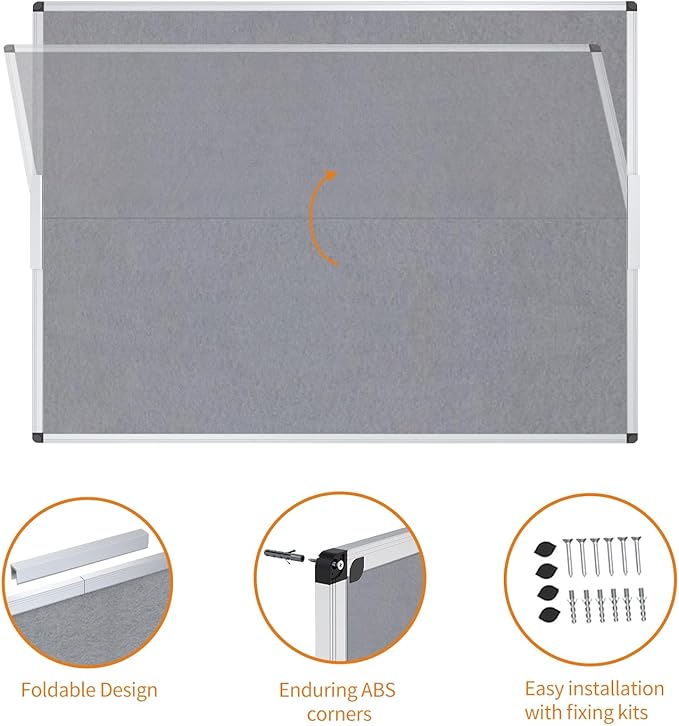 VIZ-PRO Large Fabric Bulletin Board/Foldable Notice Board Felt Gray, 60 X 48 Inches, Silver Aluminium Frame