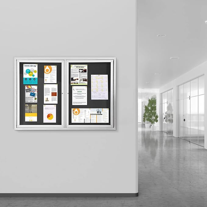 SWANCROWN Weather Resistant Enclosed Bulletin Board Felt Displays Boards Wall Mounted Notice Case with 2 Swing-Open Locking Doors, Black Felt, 48x34 inches