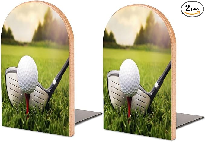 2 Pack Wood Bookends, Sport Golf in Grass Non-Skid Book Ends for Heave Books, Decorative Bookends for Shelves Desk, Book Stoppers Book Holders for Home Office Library School