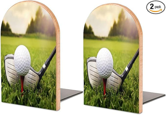 2 Pack Wood Bookends, Sport Golf in Grass Non-Skid Book Ends for Heave Books, Decorative Bookends for Shelves Desk, Book Stoppers Book Holders for Home Office Library School