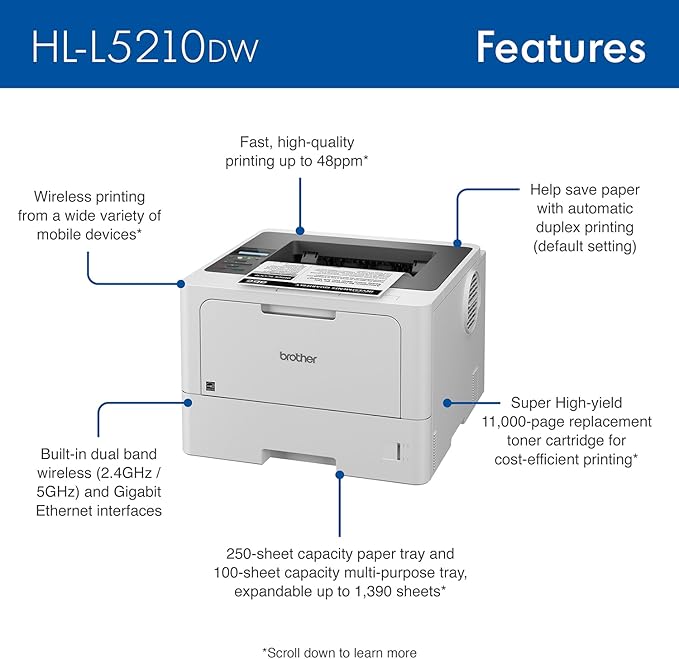 Brother HL-L5210DW Business Monochrome Laser Printer with Duplex Printing, Versatile PaperHandling, Wireless and Gigabit Ethernet Networking, and Mobile Printing, Works with Alexa