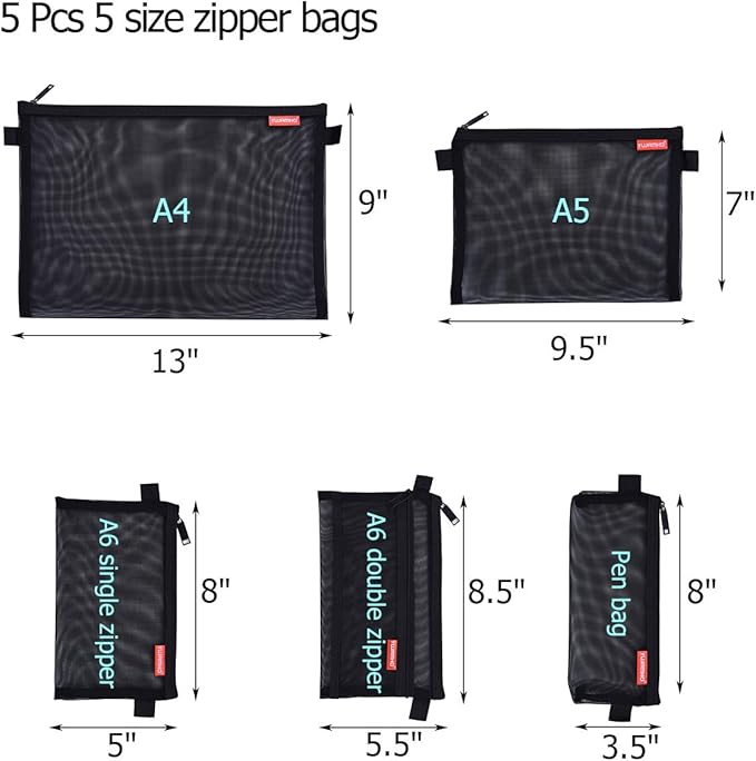 Pendancy Mesh Zipper Pouch 5pcs Lightweight Nylon File Folders Document Organizer Cosmetic Bags Accessories Storage for Travel and Office Supplies (Black, A4 A5 A6)