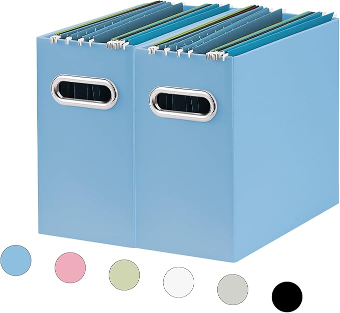 Oterri File Organizer, Small Storage Box, Cardboard File Folder Organizer, Collapsible File Box, Hanging File Organizer for Letter Size, Portable File Box with Handle, Only Box (Blue, 2 Packs)