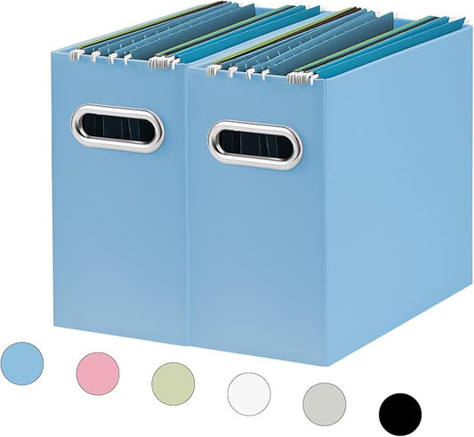 Oterri File Organizer, Small Storage Box, Cardboard File Folder Organizer, Collapsible File Box, Hanging File Organizer for Letter Size, Portable File Box with Handle, Only Box (Blue, 2 Packs)