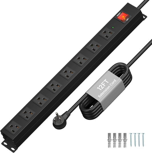 KF 8 Outlet Heavy Duty Power Strip Surge Protector, 2100J Surge Protection Power Strip, 15A/1875W Mountable Power Strips with Upgraded Switch, 14AWG 12FT Power Cord
