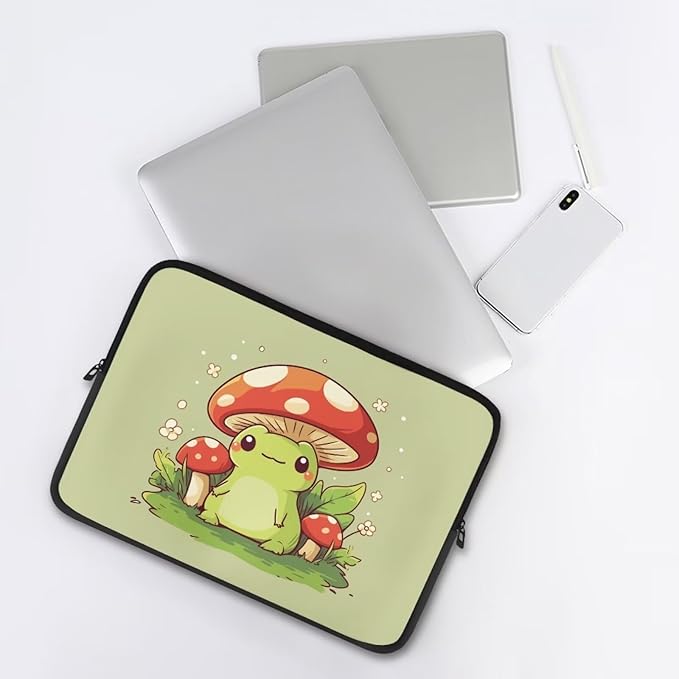 Mushroom Frog Laptop Sleeve for Women 10 inch Laptop Protector with Multiple Uses Computer Carrying Case Portable Tablet Bag Lap Top Case Cute Laptop Protector Green