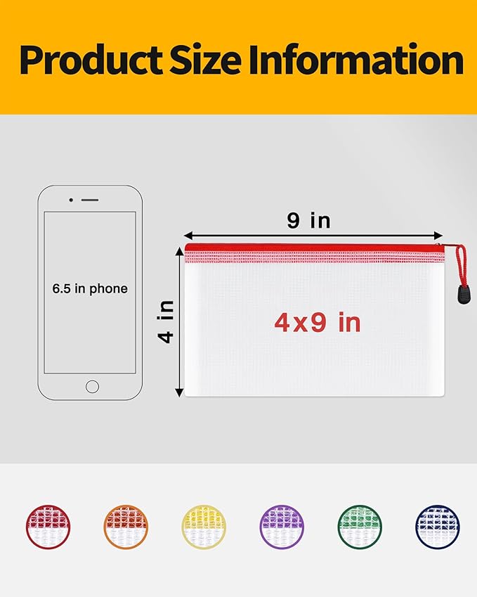 SUNEE Plastic Mesh Zipper Pouch 4x9 in (6 Colors, 12 Packs), Small Water-Resistant Zip Bag for School Office Supplies, Pencil Organizing Storage