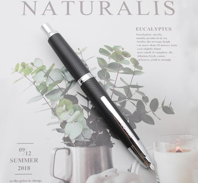 JINHAO 10 Press Fountain Pen, Retractable Metal Pen with Ink Converter (F Nib 0.5mm, Wavy Texture Matte Black)