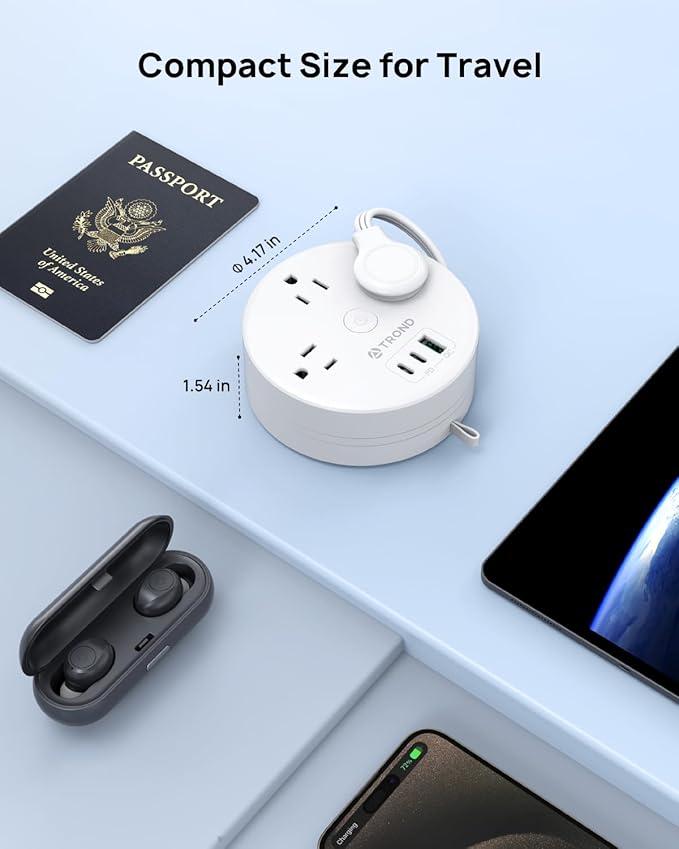TROND 20W USB C Travel Power Strip - Retractable Extension Cord 5ft Ultra Thin Flat Plug, Power Strip with 3 AC Outlets and USB C Fast Charging, Cruise Ship Essentials, for Home Hotel Dorm Room, White