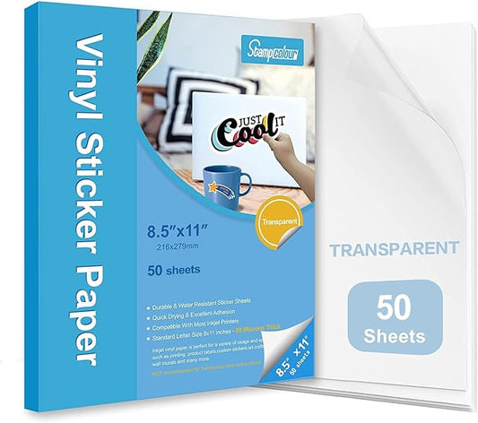 Premium Printable Vinyl Sticker Paper,Transparent 50 Clear Self-Adhesive Sheets,No-Waterproof,Dries Quickly Vivid Colors Decal Paper,Tear Resistant for Any Epson HP Canon Sawgrass Inkjet Printer