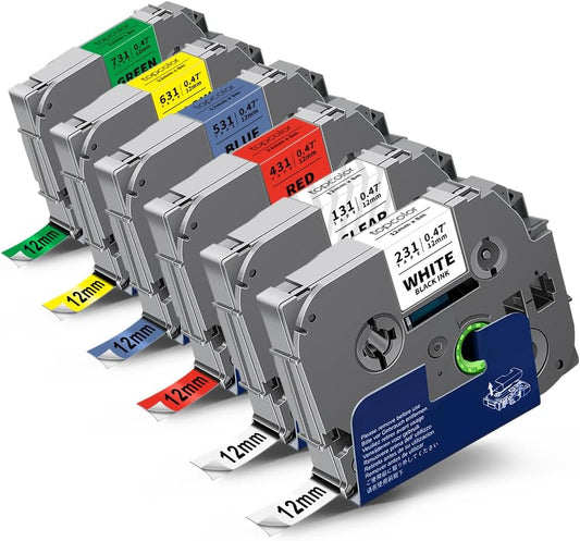 6-Pack 12mm 0.47" Laminated Label Tape Compatible for Brother P Touch Label Tape Tze Tz 12mm 0.47" Multi-Color Tze 231 131 431 531 631 731 1/2" Inch for PT-D220 PT-D210 PT-H130W PT2430 PTD400