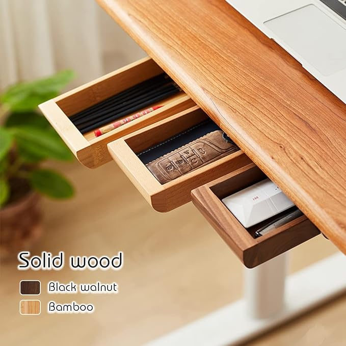 Under Desk Drawer Wood, Self-Adhesive Hidden Drawer Organizer Slide Out, Easy Installation Handmade Under Table Storage, Attachable Pencil Phone Holder For Office Home Classroom (Bamboo Big)