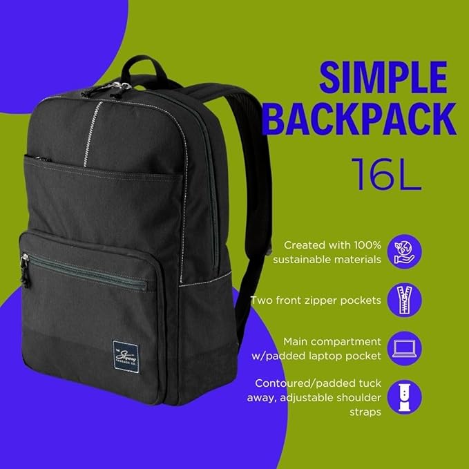 Skyway Luggage Rainier Simple Backpack, Eco-Friendly, Made of 100% rPET Travel Laptop Bag for Women & Men, Flight Approved Carry On Backpack, 16L, Crater Black