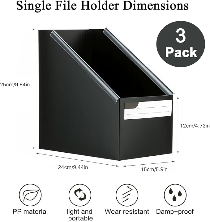 SAYEEC Black Plastic Magazine File Holder, 3 Pack Foldable Folder Holder with Labels, Vertical File Paper Organizer Magazine Storage Box Rack Book Bins for Desk, Shelves, Classroom, Office, Home