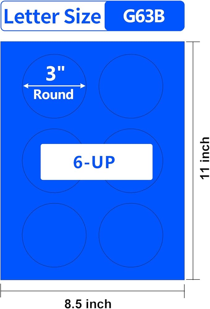 3 Inch Process Blue Round Labels,20 Sheets,6 Stickers per Sheet, 3 Inch Blue Color Coding Labels for Laser/Inkjet Printers,Colorful Dot Stickers 3" Diameter,Letter Size